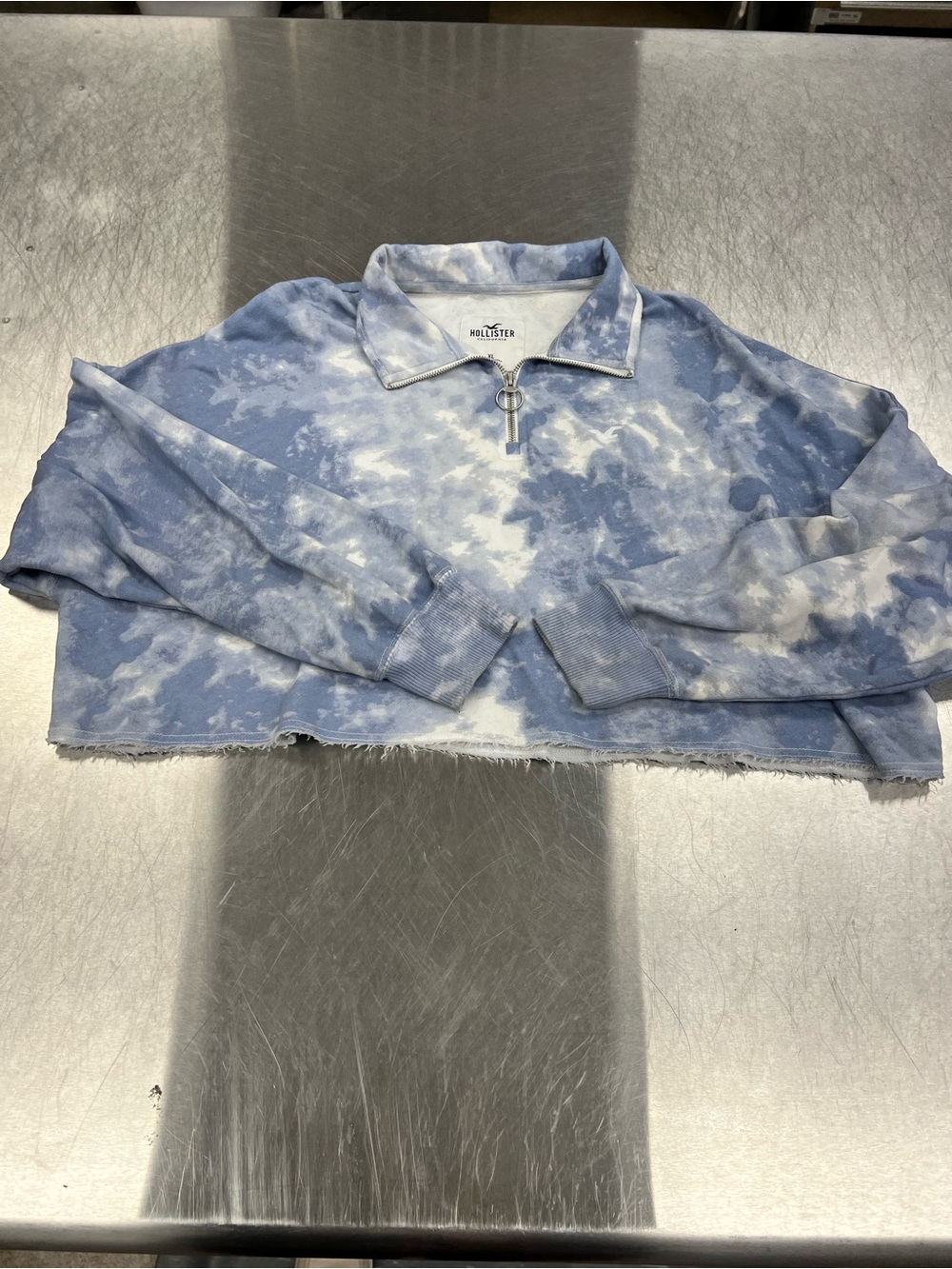 Hollister Junior’s XL Light Blue Tie-Dye Quarter-Zip Cropped Sweatshirt